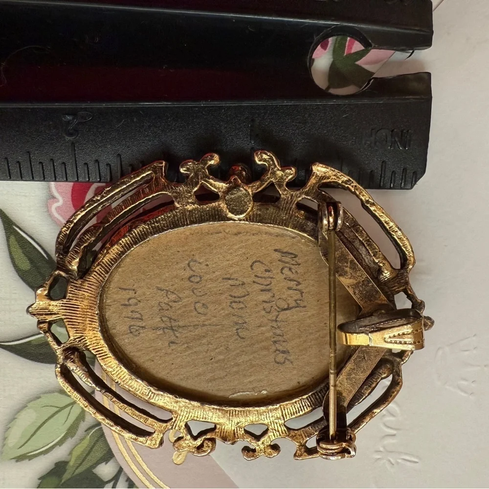 Vintage 1970’s Floral Needlepoint Brooch or Pendant with Gold Frame